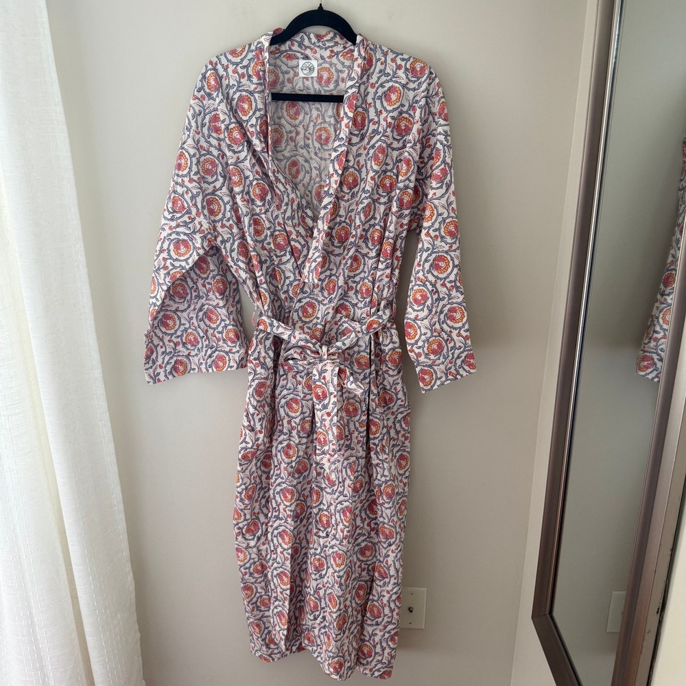 Natural Habitat Cotton Floral Block Print Robe Long Wrap Belted Blue Terracotta